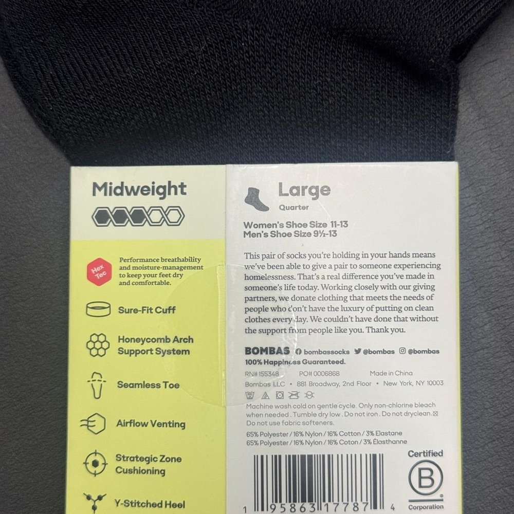 Bombas Black Midweight Socks All Performance Hec Tex Size Large - Picture 5 of 6